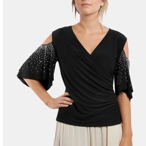 Roz & Ali Sheer Sleeve Beaded Black Top Size M